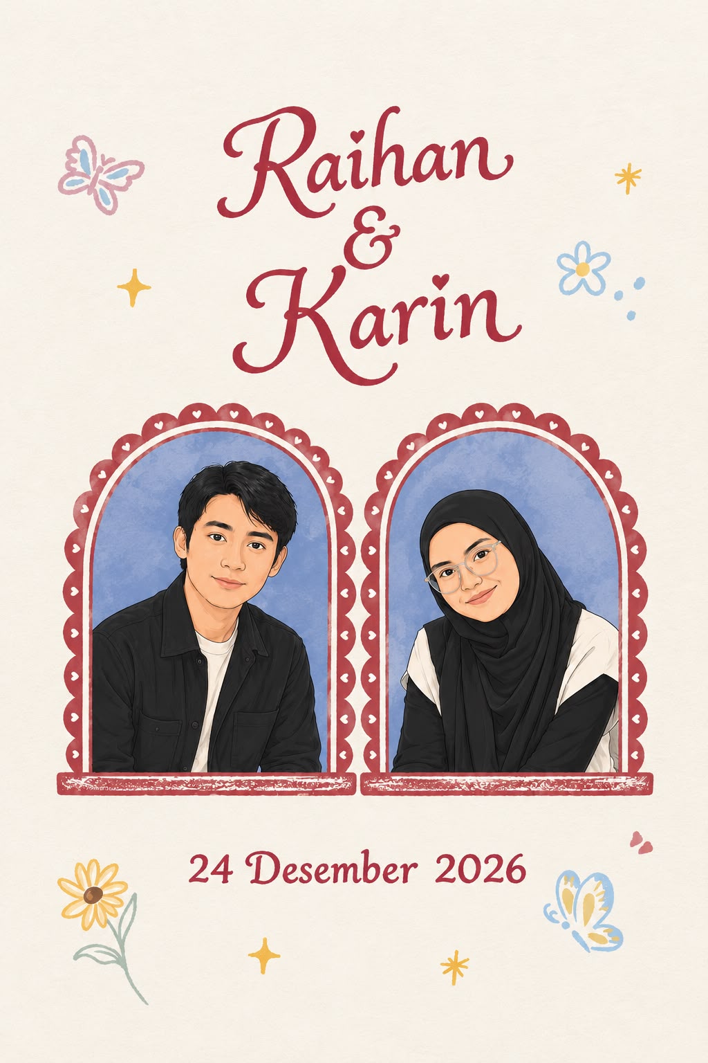 Ilustrasi Raihan dan Karin, 24 Desember 2026, dengan bunga dan kupu-kupu